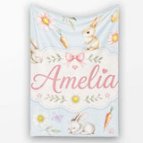Cute Bunny Rabbits with Flowers Carrots and Butterflies Soft Blue  Personalised Custom Name Super Soft Fleece Blanket Bed Sofa Throw
