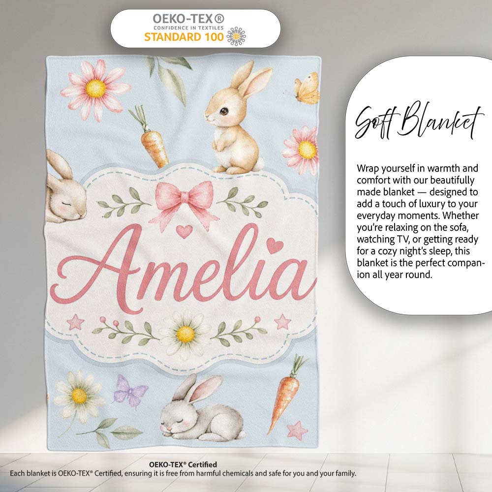 Cute Bunny Rabbits with Flowers Carrots and Butterflies Soft Blue  Personalised Custom Name Super Soft Fleece Blanket Bed Sofa Throw