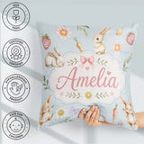 Custom Name Bunny Rabbits with Flowers and Butterflies Soft Blue Square Filled Cushion Throw Pillow Sofa Bed Home Decor Zip Washable UK Made