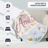 Cute Bunny Rabbits with Flowers Carrots and Butterflies Soft Blue  Personalised Custom Name Super Soft Fleece Blanket Bed Sofa Throw