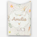 Bunny Rabbits with Flowers Carrots and Butterflies Light Cream  Personalised Custom Name Super Soft Fleece Blanket Bed Sofa Throw