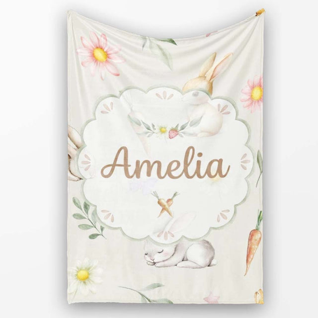 Bunny Rabbits with Flowers Carrots and Butterflies Light Cream  Personalised Custom Name Super Soft Fleece Blanket Bed Sofa Throw