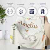 Bunny Rabbits with Flowers Carrots and Butterflies Light Cream  Personalised Custom Name Super Soft Fleece Blanket Bed Sofa Throw