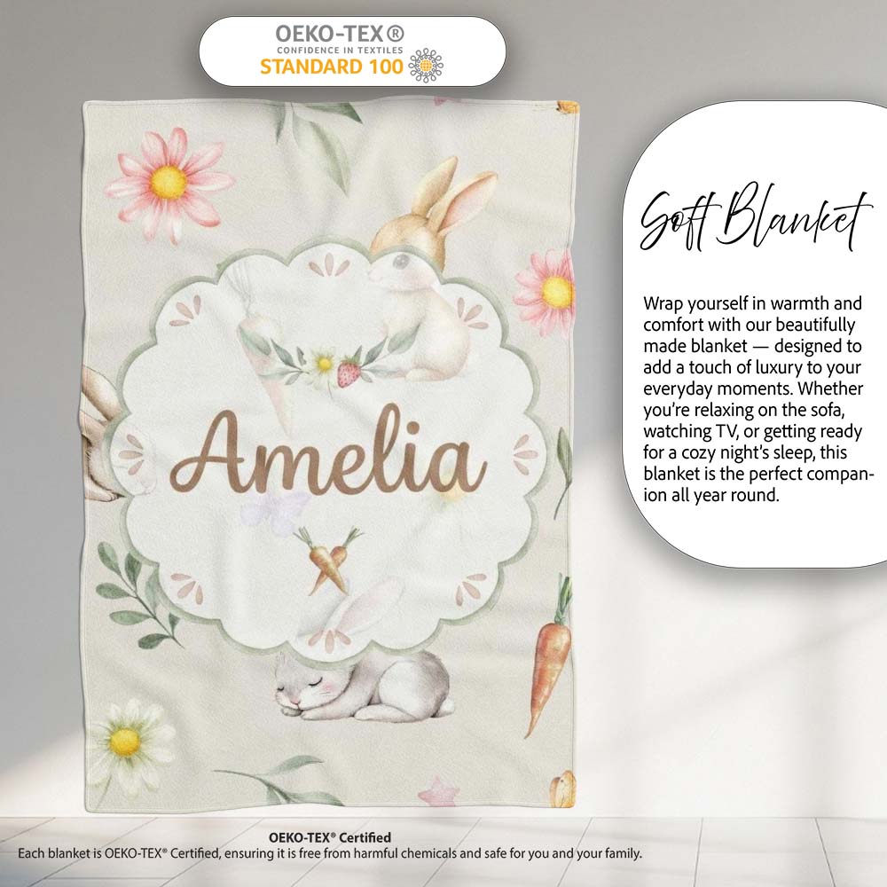 Bunny Rabbits with Flowers Carrots and Butterflies Light Cream  Personalised Custom Name Super Soft Fleece Blanket Bed Sofa Throw