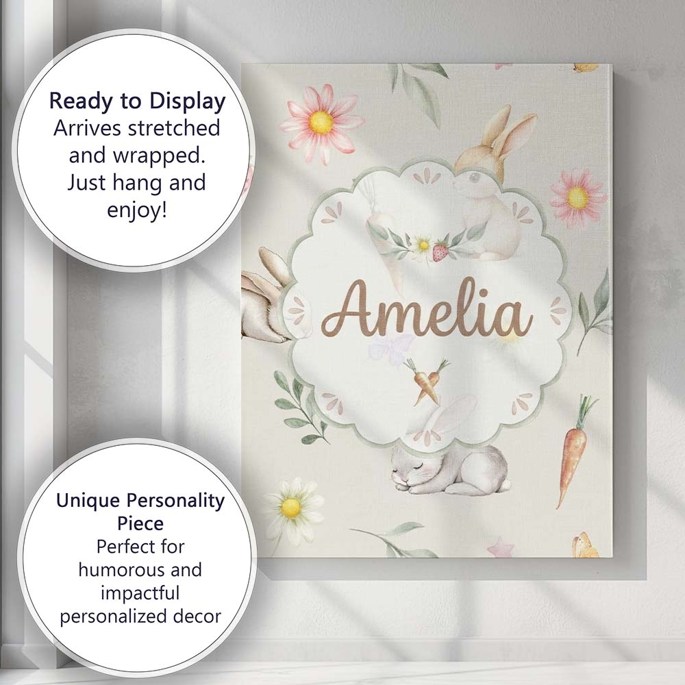 Personalised Name Bunny Rabbits with Custom Premium Decorative Design Modern Room Accent Canvas Wall Art Print Decor Picture Ready to Hang