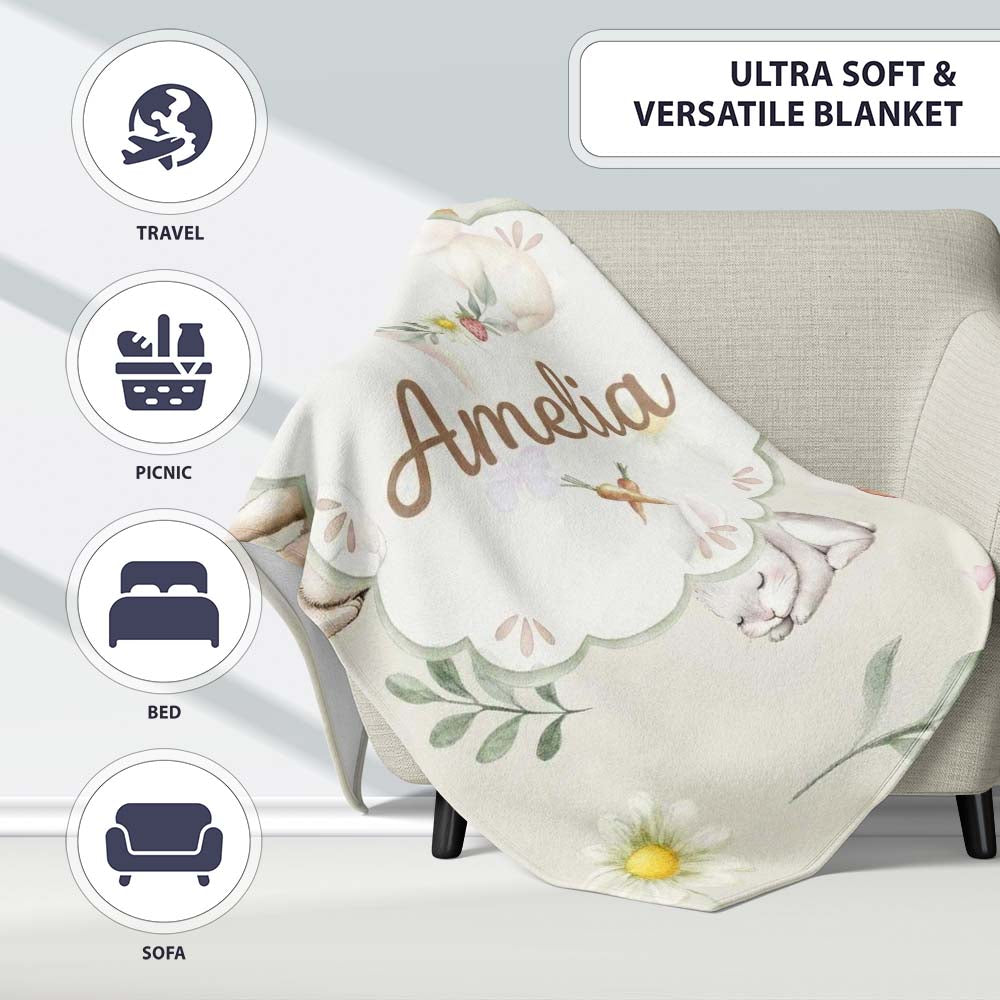 Bunny Rabbits with Flowers Carrots and Butterflies Light Cream  Personalised Custom Name Super Soft Fleece Blanket Bed Sofa Throw