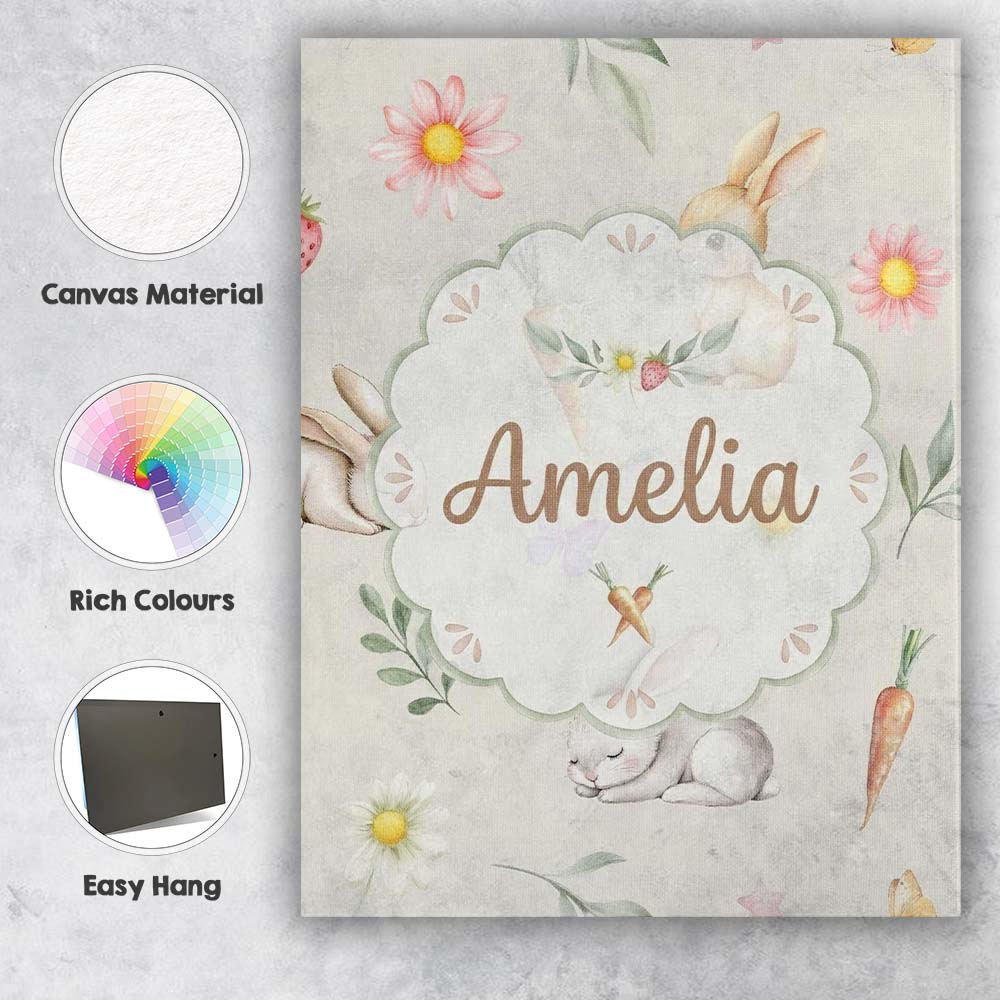 Personalised Name Bunny Rabbits with Custom Premium Decorative Design Modern Room Accent Canvas Wall Art Print Decor Picture Ready to Hang