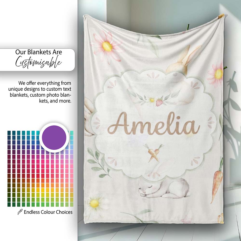 Bunny Rabbits with Flowers Carrots and Butterflies Light Cream  Personalised Custom Name Super Soft Fleece Blanket Bed Sofa Throw