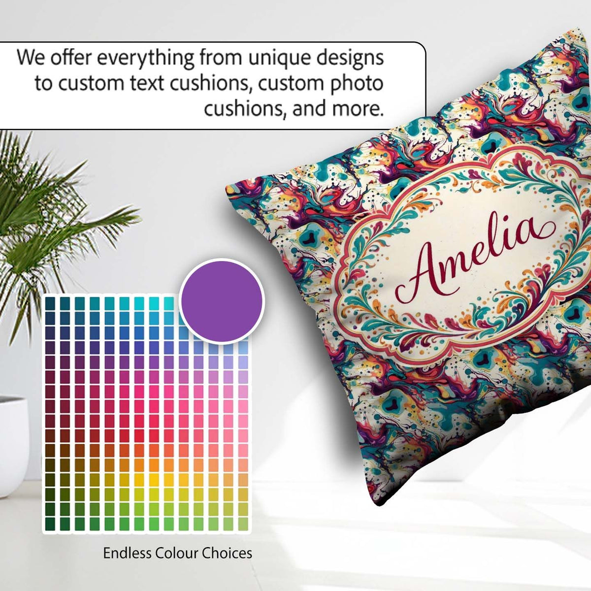 Custom Name Vibrant Fluid Art Pink Teal Yellow Abstract Pattern Square Filled Cushion Throw Pillow Sofa Bed Home Decor Zip Washable UK Made