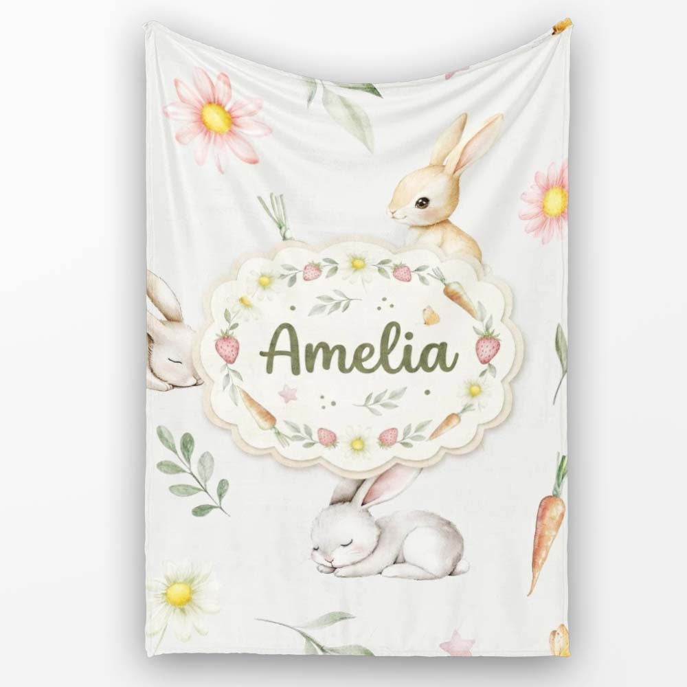Cute Bunny Rabbits with Flowers Carrots and Butterflies Soft Grey  Personalised Custom Name Super Soft Fleece Blanket Bed Sofa Throw