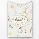 Cute Bunny Rabbits with Flowers Carrots and Butterflies Soft Grey  Personalised Custom Name Super Soft Fleece Blanket Bed Sofa Throw
