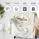 Cute Bunny Rabbits with Flowers Carrots and Butterflies Soft Grey  Personalised Custom Name Super Soft Fleece Blanket Bed Sofa Throw