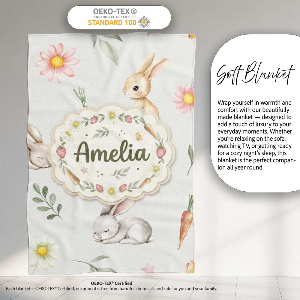 Cute Bunny Rabbits with Flowers Carrots and Butterflies Soft Grey  Personalised Custom Name Super Soft Fleece Blanket Bed Sofa Throw