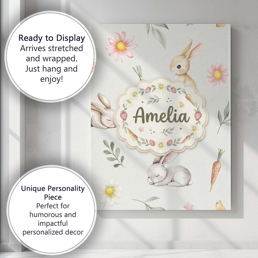 Personalised Name Cute Bunny Rabbits with Custom  Unique Gift Idea Elegant Feature Canvas Wall Art Print Decor Picture Ready to Hang