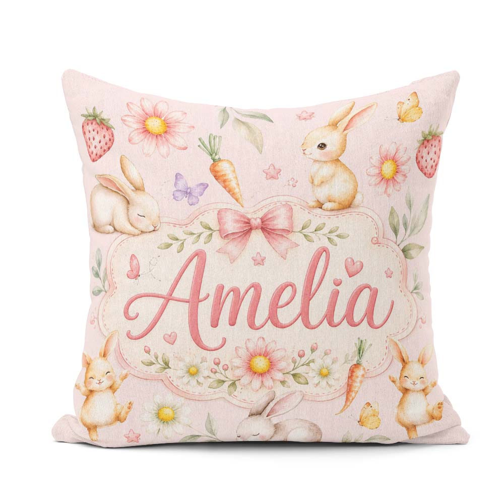 Custom Name Bunny Rabbits with Flowers Carrots and Blush Pink Square Filled Cushion Throw Pillow Sofa Bed Home Decor Zip Washable UK Made