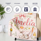 Cute Bunny Rabbits with Flowers Carrots and Butterflies Blush Pink  Personalised Custom Name Super Soft Fleece Blanket Bed Sofa Throw