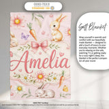 Cute Bunny Rabbits with Flowers Carrots and Butterflies Blush Pink  Personalised Custom Name Super Soft Fleece Blanket Bed Sofa Throw