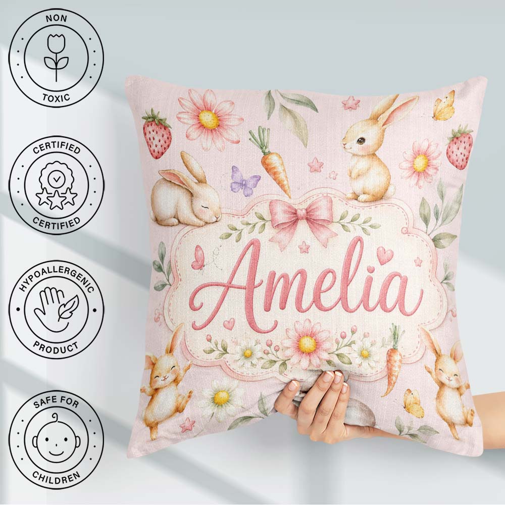 Custom Name Bunny Rabbits with Flowers Carrots and Blush Pink Square Filled Cushion Throw Pillow Sofa Bed Home Decor Zip Washable UK Made