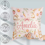 Custom Name Bunny Rabbits with Flowers Carrots and Blush Pink Square Filled Cushion Throw Pillow Sofa Bed Home Decor Zip Washable UK Made