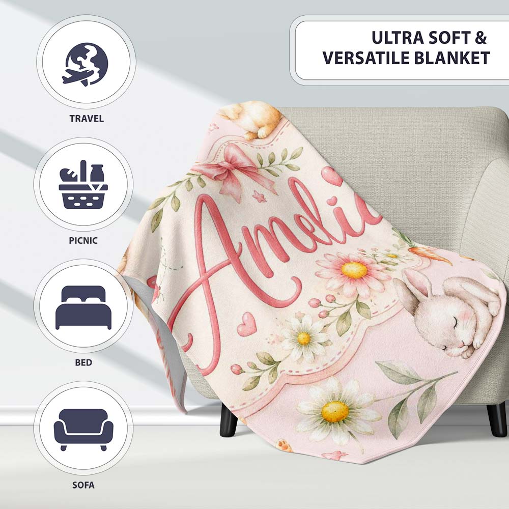 Cute Bunny Rabbits with Flowers Carrots and Butterflies Blush Pink  Personalised Custom Name Super Soft Fleece Blanket Bed Sofa Throw
