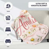 Cute Bunny Rabbits with Flowers Carrots and Butterflies Blush Pink  Personalised Custom Name Super Soft Fleece Blanket Bed Sofa Throw