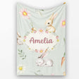 Cute Bunny Rabbits with Flowers Carrots and Butterflies Sage Green  Personalised Custom Name Super Soft Fleece Blanket Bed Sofa Throw