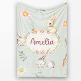 Cute Bunny Rabbits with Flowers Carrots and Butterflies Sage Green  Personalised Custom Name Super Soft Fleece Blanket Bed Sofa Throw