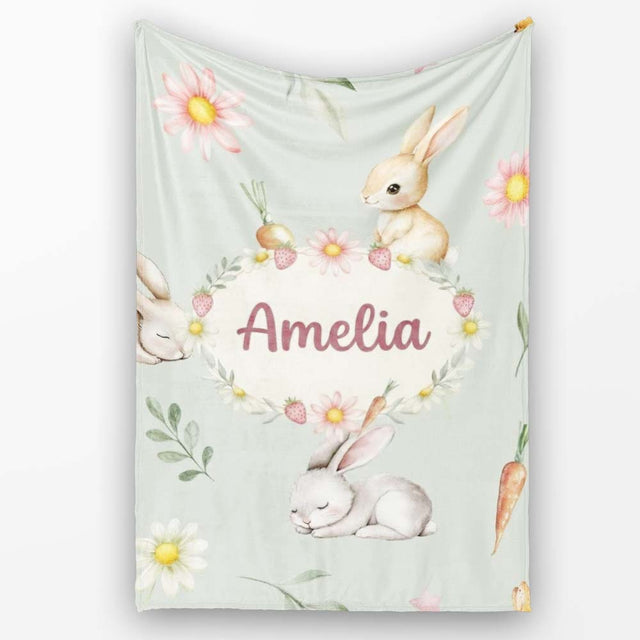 Cute Bunny Rabbits with Flowers Carrots and Butterflies Sage Green  Personalised Custom Name Super Soft Fleece Blanket Bed Sofa Throw