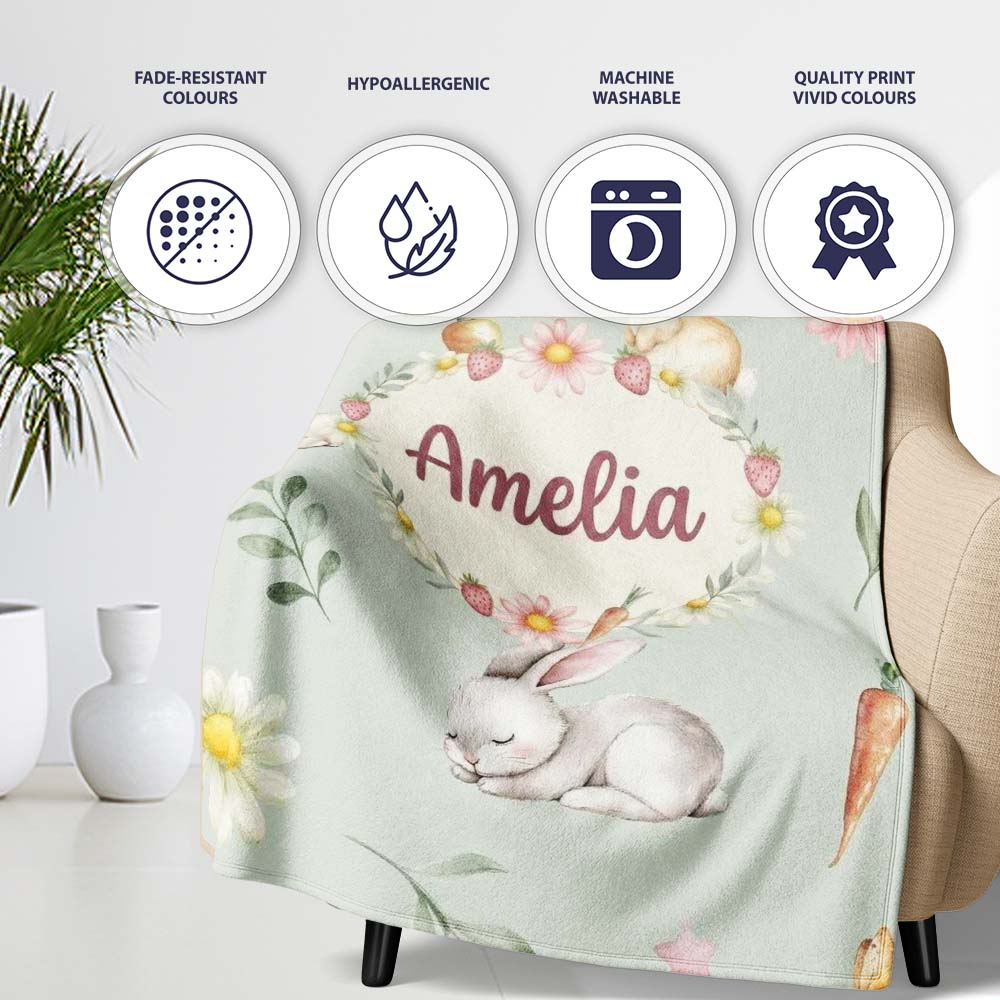 Cute Bunny Rabbits with Flowers Carrots and Butterflies Sage Green  Personalised Custom Name Super Soft Fleece Blanket Bed Sofa Throw