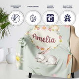 Cute Bunny Rabbits with Flowers Carrots and Butterflies Sage Green  Personalised Custom Name Super Soft Fleece Blanket Bed Sofa Throw