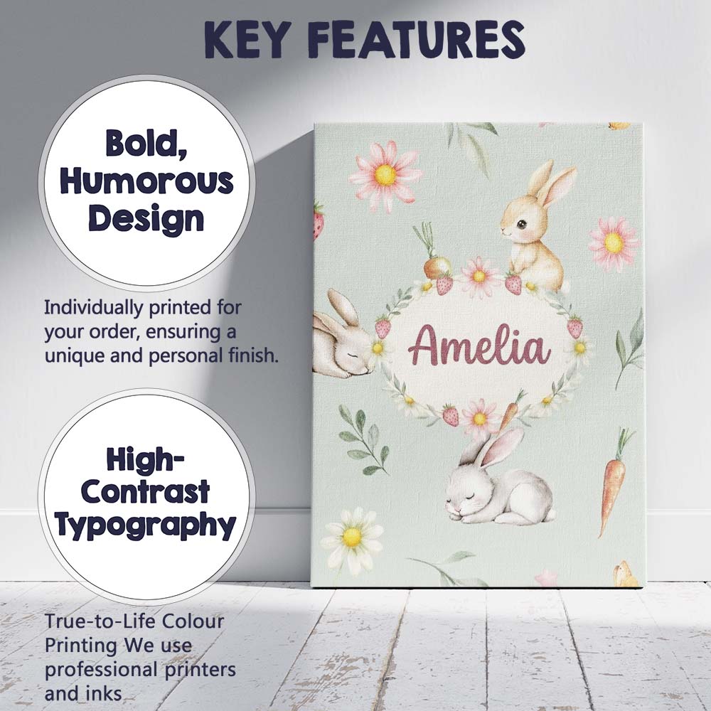 Personalised Name Cute Bunny Rabbits with Custom  Unique Gift Idea Elegant Feature Canvas Wall Art Print Decor Picture Ready to Hang
