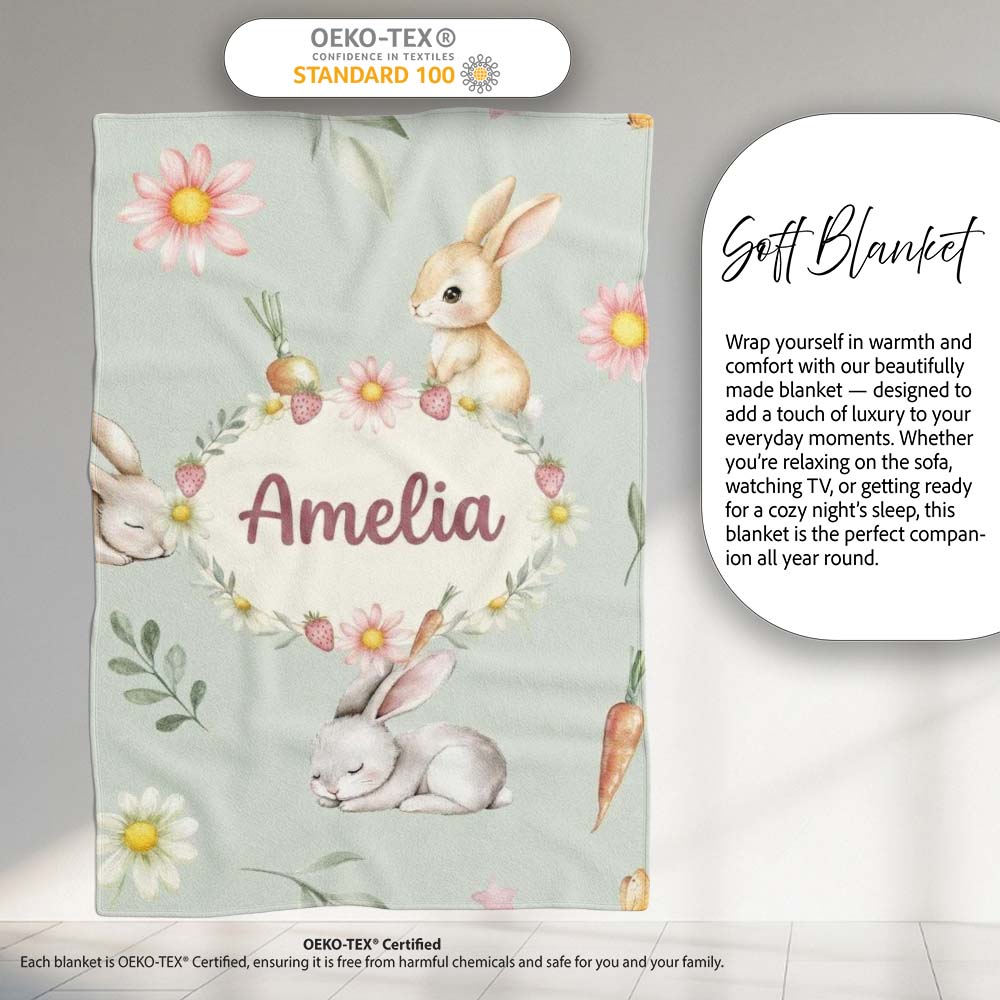 Cute Bunny Rabbits with Flowers Carrots and Butterflies Sage Green  Personalised Custom Name Super Soft Fleece Blanket Bed Sofa Throw