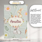 Cute Bunny Rabbits with Flowers Carrots and Butterflies Sage Green  Personalised Custom Name Super Soft Fleece Blanket Bed Sofa Throw