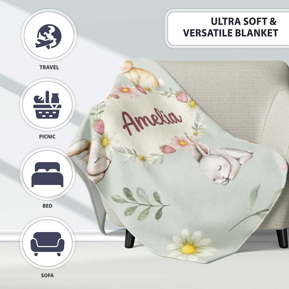 Cute Bunny Rabbits with Flowers Carrots and Butterflies Sage Green  Personalised Custom Name Super Soft Fleece Blanket Bed Sofa Throw
