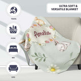 Cute Bunny Rabbits with Flowers Carrots and Butterflies Sage Green  Personalised Custom Name Super Soft Fleece Blanket Bed Sofa Throw