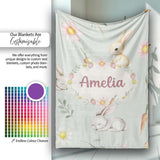 Cute Bunny Rabbits with Flowers Carrots and Butterflies Sage Green  Personalised Custom Name Super Soft Fleece Blanket Bed Sofa Throw
