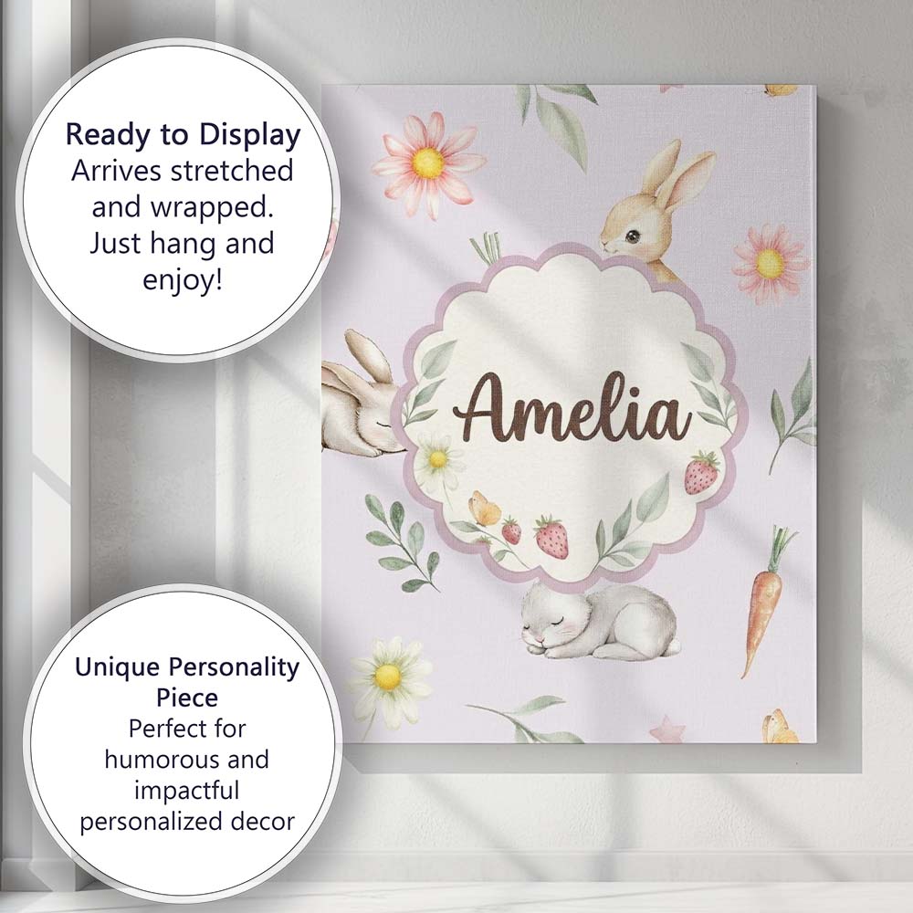 Personalised Name Bunny Rabbits with Custom Premium Decorative Design Modern Room Accent Canvas Wall Art Print Decor Picture Ready to Hang