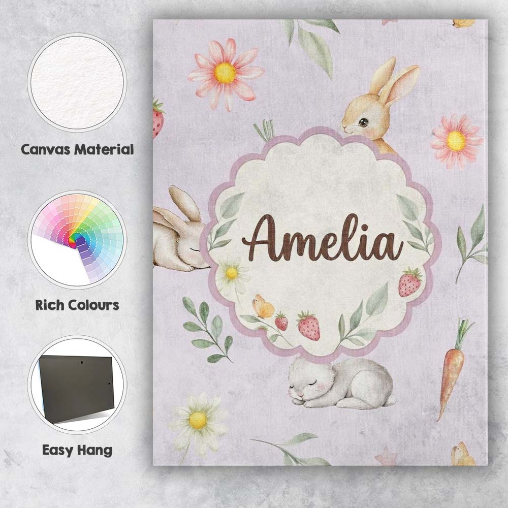 Personalised Name Bunny Rabbits with Custom Premium Decorative Design Modern Room Accent Canvas Wall Art Print Decor Picture Ready to Hang