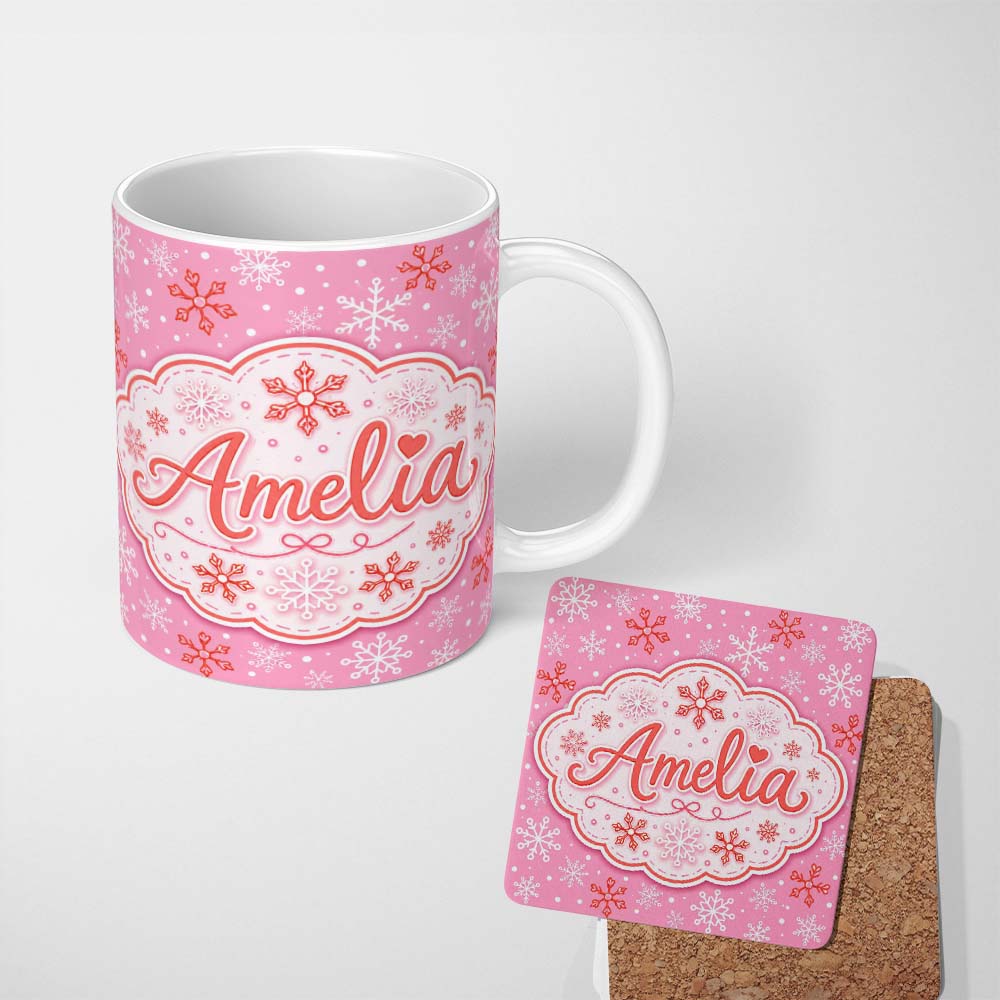 Personalized Custom Name Pink Red White Snowflake Winter Seamless Pattern Cute Unique Gift 11oz Ceramic Coffee Tea Mug White Large Handle