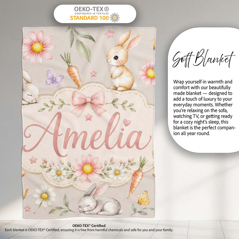 Bunny Rabbits with Flowers Carrots and Butterflies Warm Beige Lovely  Personalised Custom Name Super Soft Fleece Blanket Bed Sofa Throw