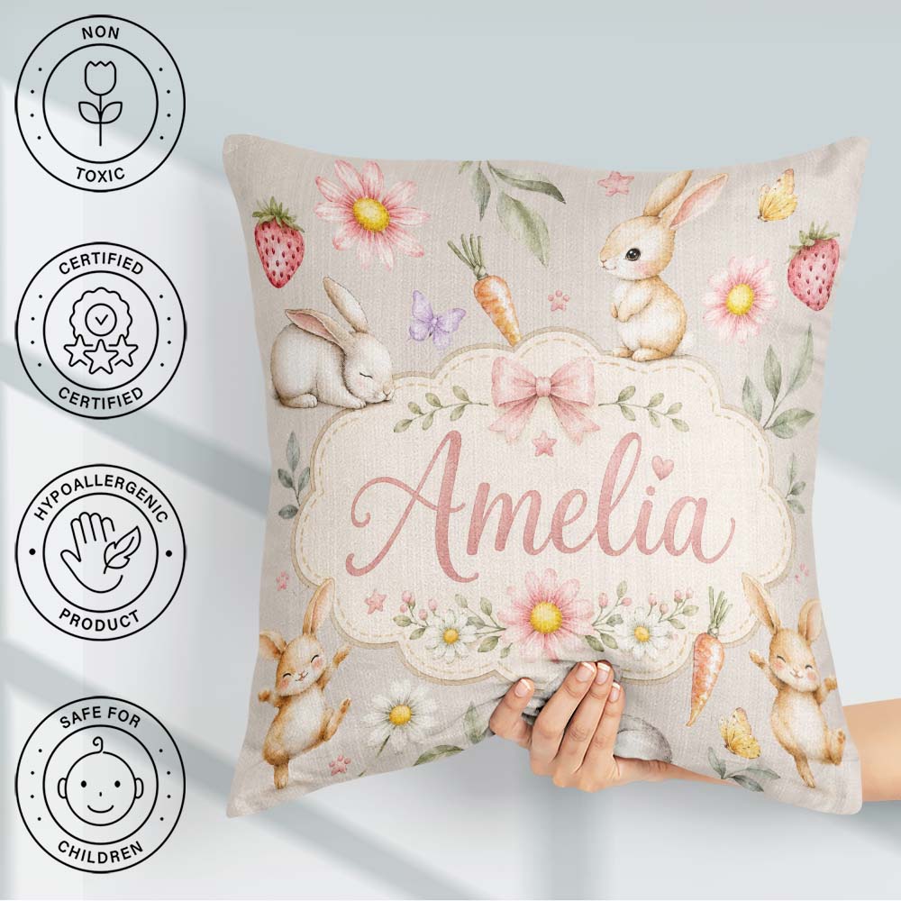 Custom Name Bunny Rabbits with Flowers Carrots and Warm Beige Square Filled Cushion Throw Pillow Sofa Bed Home Decor Zip Washable UK Made