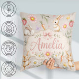 Custom Name Bunny Rabbits with Flowers Carrots and Warm Beige Square Filled Cushion Throw Pillow Sofa Bed Home Decor Zip Washable UK Made