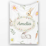 Bunny Rabbits with FlowersCarrots and Butterflies Soft Neutral Grey  Personalised Custom Name Super Soft Fleece Blanket Bed Sofa Throw