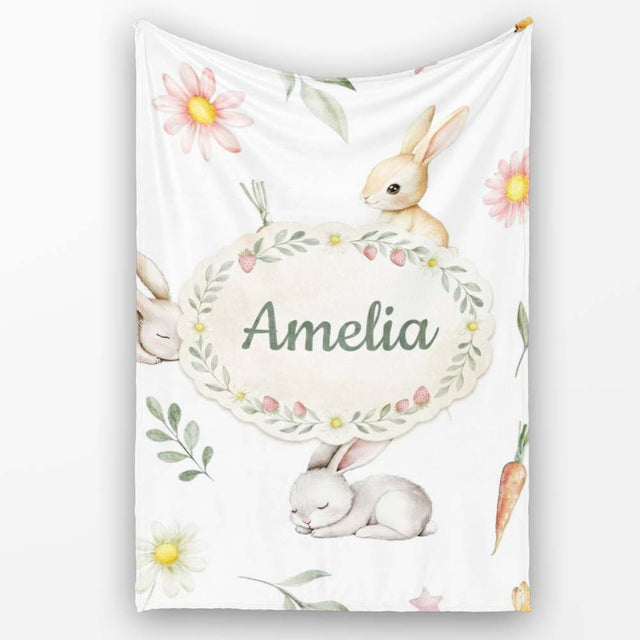 Bunny Rabbits with FlowersCarrots and Butterflies Soft Neutral Grey  Personalised Custom Name Super Soft Fleece Blanket Bed Sofa Throw