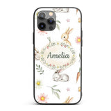 Bunny Rabbits with FlowersCarrots and Butterflies Custom Name Protective Phone Case Mobile Cover Durable Everyday Smartphone Shock Resistant