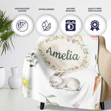 Bunny Rabbits with FlowersCarrots and Butterflies Soft Neutral Grey  Personalised Custom Name Super Soft Fleece Blanket Bed Sofa Throw