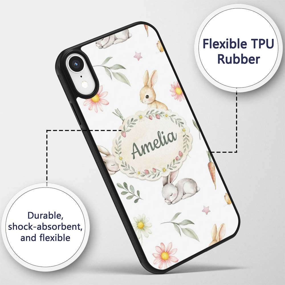 Bunny Rabbits with FlowersCarrots and Butterflies Custom Name Protective Phone Case Mobile Cover Durable Everyday Smartphone Shock Resistant