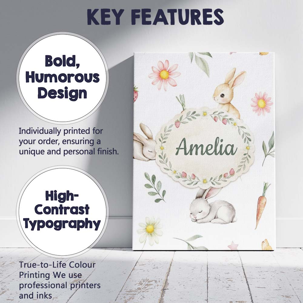 Personalised Name Bunny Rabbits with Custom Premium Decorative Design Modern Room Accent Canvas Wall Art Print Decor Picture Ready to Hang