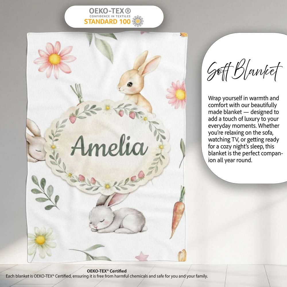 Bunny Rabbits with FlowersCarrots and Butterflies Soft Neutral Grey  Personalised Custom Name Super Soft Fleece Blanket Bed Sofa Throw