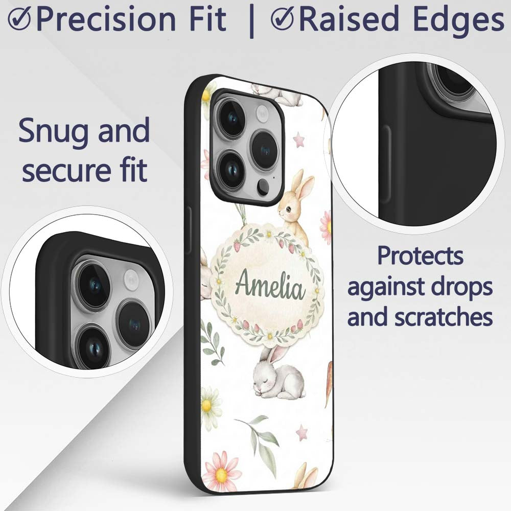Bunny Rabbits with FlowersCarrots and Butterflies Custom Name Protective Phone Case Mobile Cover Durable Everyday Smartphone Shock Resistant